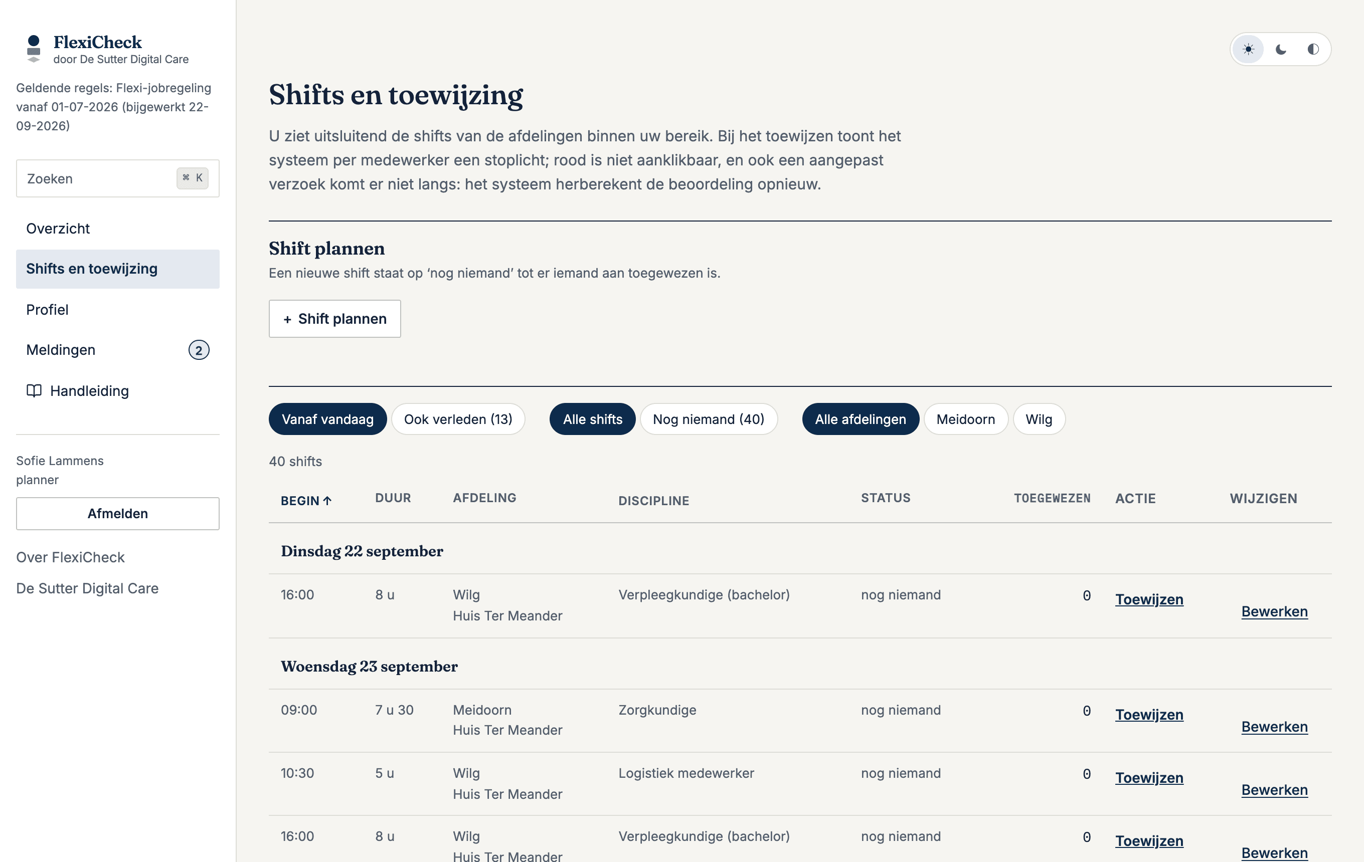 Shifts en toewijzing